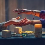 witch-woman-spelling-hand-palm-occult-spiritual-rite-divination-ritual around candles other magical accessories magic illustration
